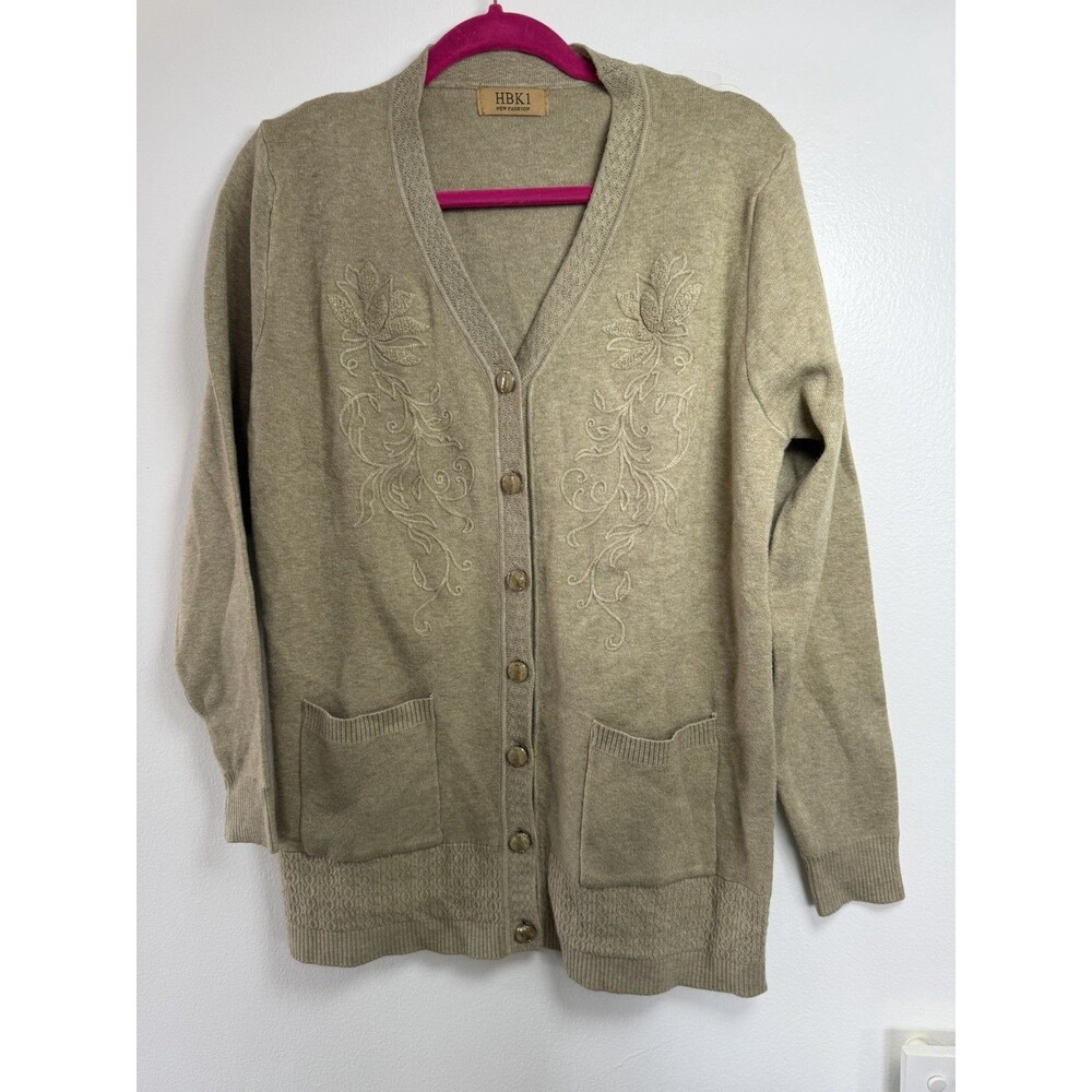 Oatmeal Heathered knit Cardigan Boho Sweater Grandma Bottoms Front Pockets L - Picture 8 of 14